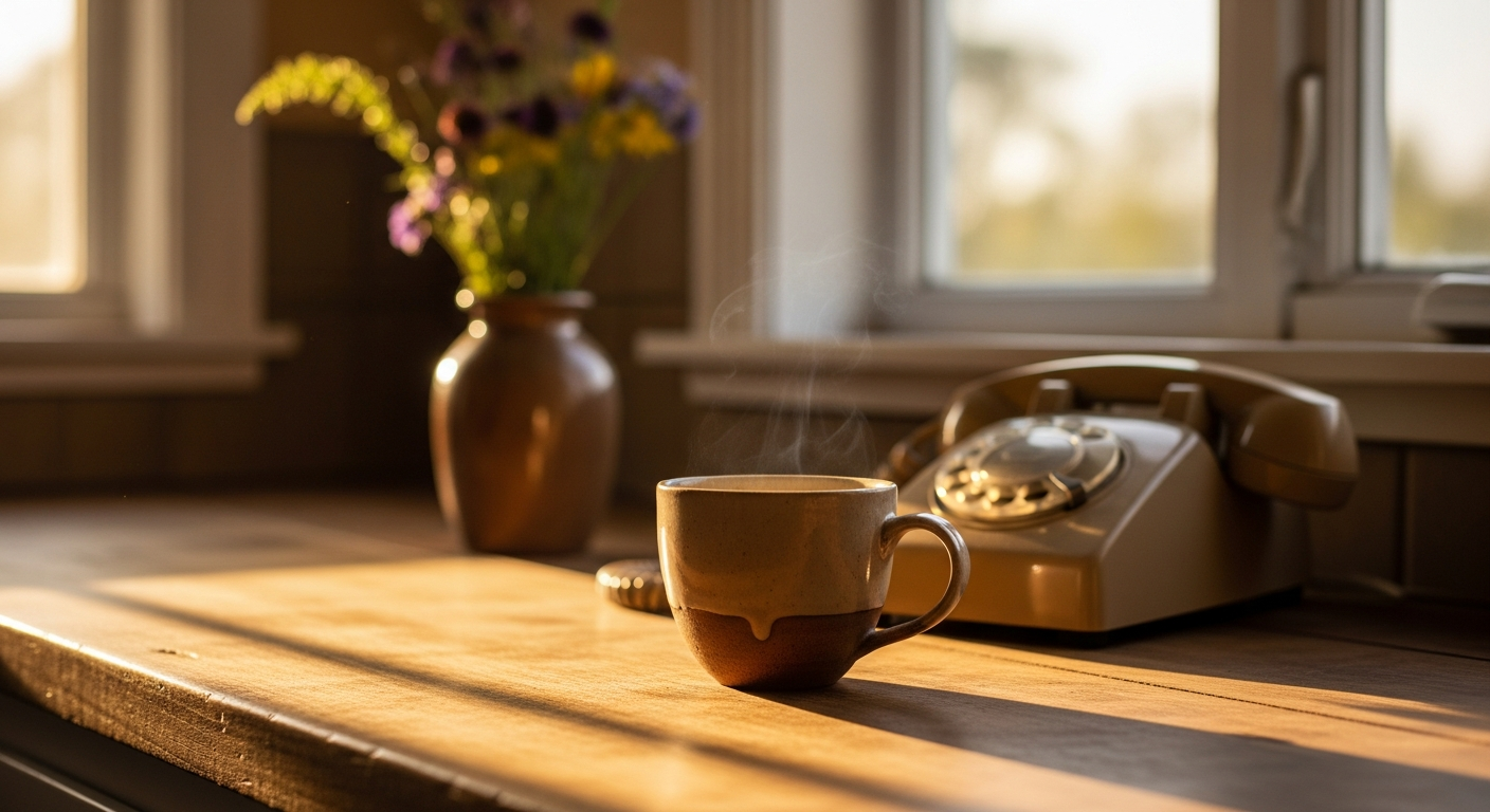 A quiet kitchen in warm afternoon light, a coffee cup and a phone on the counter